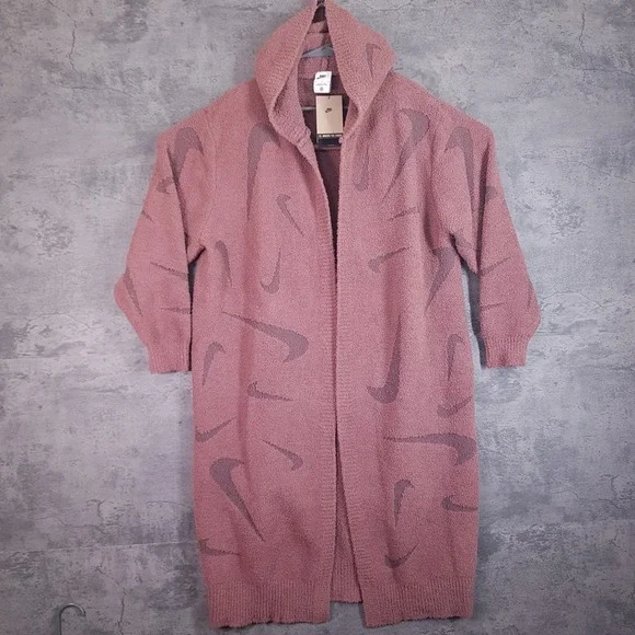 NIKE Sportswear Phoenix Cozy Boucle Long Knit Cardigan Womens LARGE Muave - Picture 2 of 5